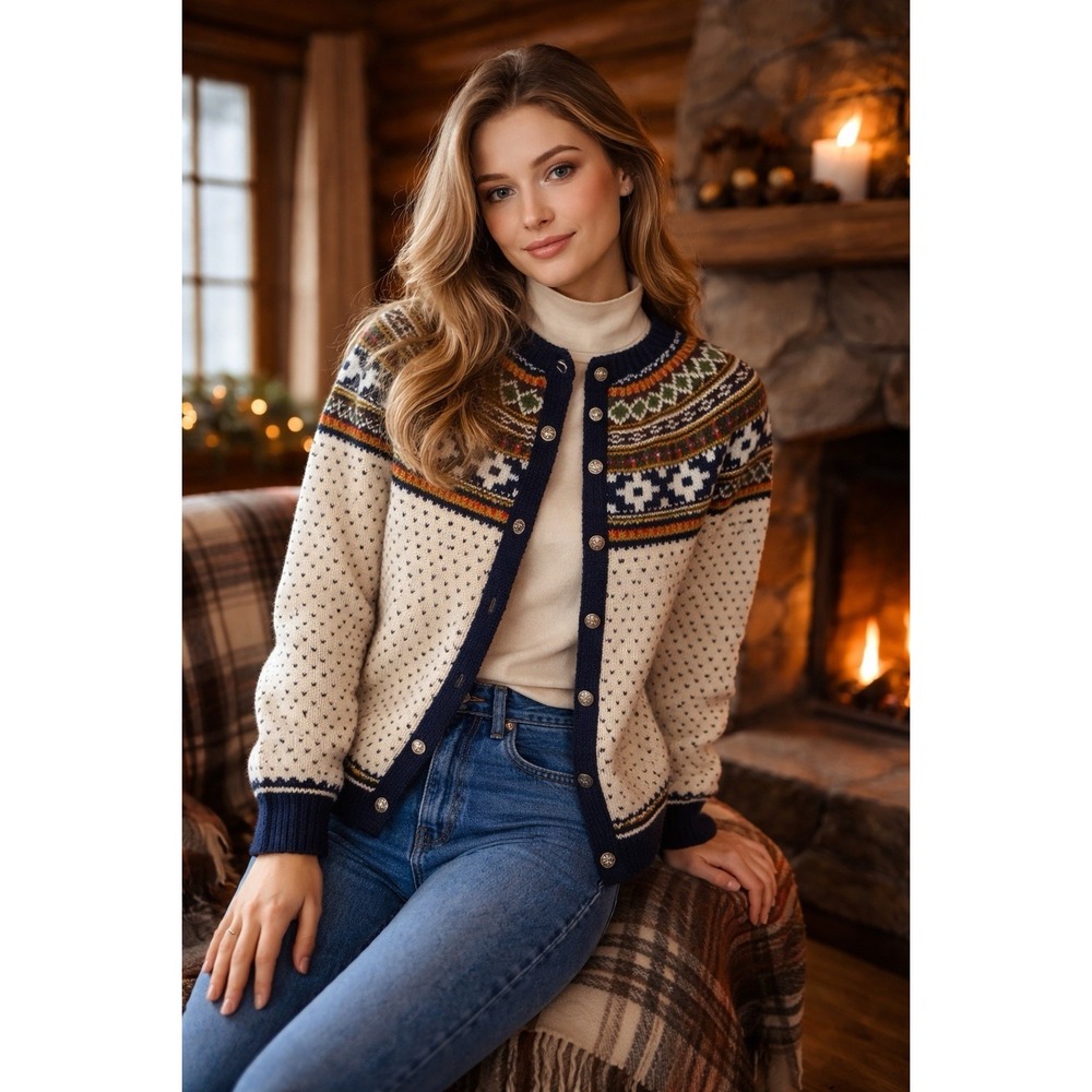 Vtg William Schmidt Co Oslo Norwegian Cardigan Handknit Nordic Fair Isle Alpine